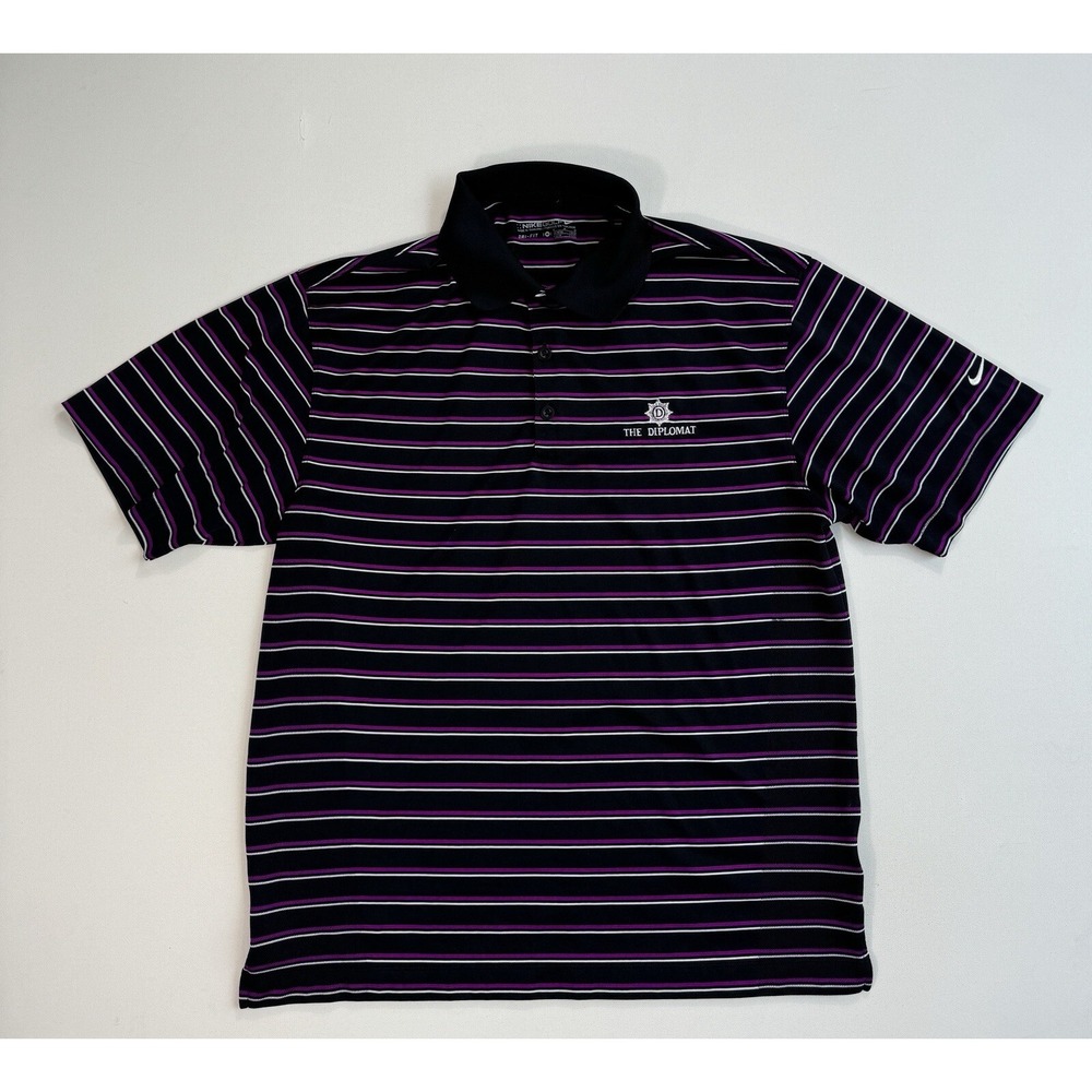 Nike Golf Dri-Fit Polo Shirt Mens Medium The Diplomat Black Purple Striped Vent